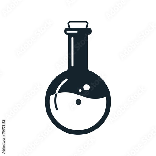 Vector art of a simple black icon of a round bottom flask with a stopper and liquid inside