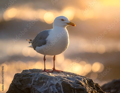 A seagull perches gracefully on a rock, bathed in the warm glow of a golden sunrise over the ocean.