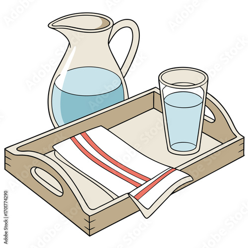 A wooden tray holding a clear glass pitcher filled with water, a glass tumbler also filled with water, and a folded white cloth napkin with two red stripes. The background is solid white.