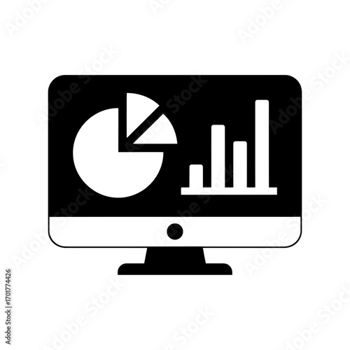 Vector art of black silhouette of a computer monitor displaying a pie chart and bar graph