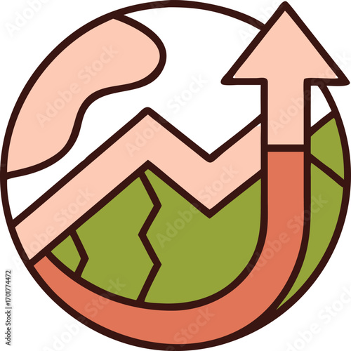 Abstract circular graphic depicting a stylized upward trending arrow and mountain peaks symbolizing growth progress and success in business and finance