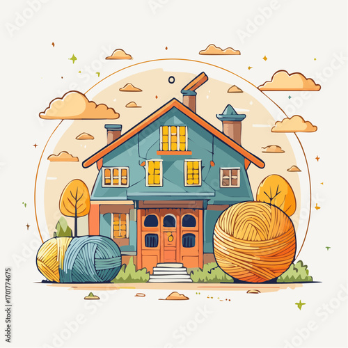 Cozy Blue House with Yarn Balls in Autumn Setting