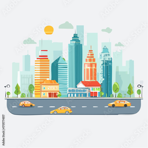 Colorful Cityscape with Cars on Road and Blue Sky