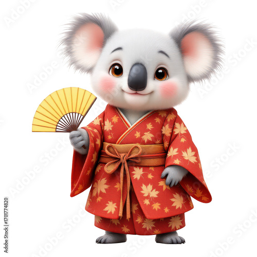 Adorable Koala in Kimono Holding a Fan.