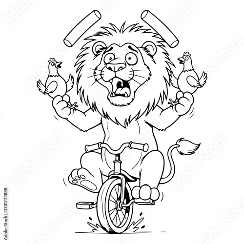 A funny cartoon illustration of a scared lion riding a bicycle, perfect for a circus or entertainment website, children's storybook, or social media post.