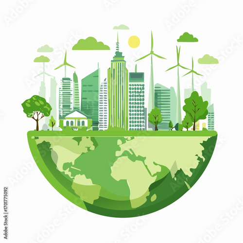 Green City on Earth with Wind Turbines and Lush Greenery
