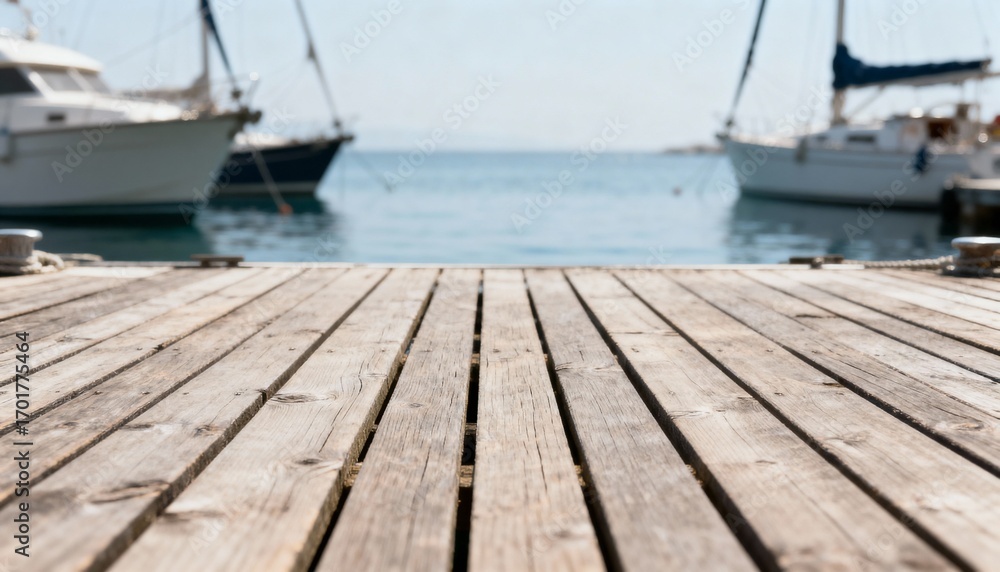 Fototapeta premium Wooden Dock with Boats in the Sea, Ideal for Summer Vacation and Travel Concepts