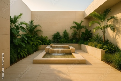 Modern Courtyard with Stepped Fountain and Lush Greenery