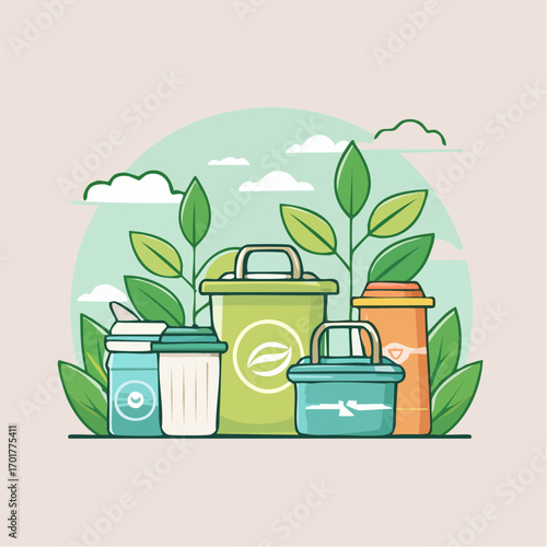 Recycling Bins with Green Leaves and Sky Background