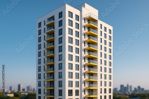 Modern White Highrise with Yellow Balcony Details at Sunset