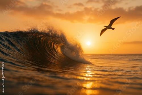 Ocean Wave at Sunset with Bird in Flight