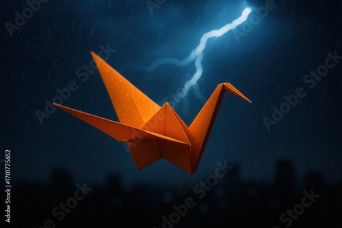 Orange Origami Crane Flying Through a Dark Stormy Night
