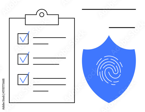 Clipboard with checklist marks and fingerprint on blue shield signify security, compliance, and identity verification. Ideal for safety, privacy, cybersecurity, regulations, legal, IT simple flat