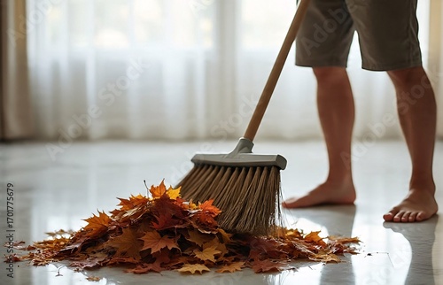 Wallpaper Mural Household sweeping scene of barefoot man collecting garden leaves indoors Torontodigital.ca