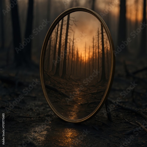Oval Mirror Reflecting Burned Forest After Wildfire
