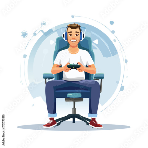 Smiling Male Gamer Holding Controller in Gaming Chair - AI Generated