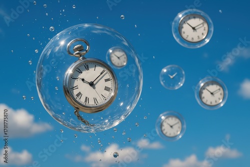 Silver Pocket Watch and Clocks in Water Bubbles Against Blue Sky