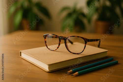Tortoiseshell Eyeglasses on Tan Notebook with Teal Pencils