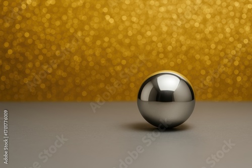 Silver Sphere on Gray Surface Against Sparkling Gold Background