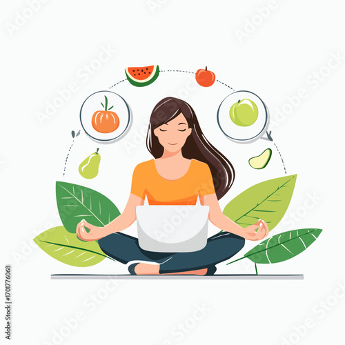 Serene Woman Meditating With Laptop Surrounded By Fruits and Green Leaves