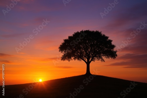 Tree Silhouette on Hilltop at Sunset