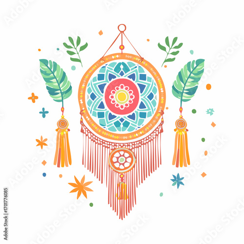 Colorful Dreamcatcher With Orange Tassels And Floral Accents