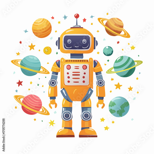 Yellow Pixel Art Robot with Colorful Planets and Stars