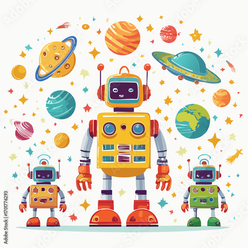 Pixel Art Robots In Space With Planets And Ufo