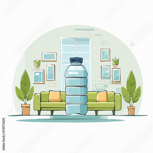 Large Water Bottle On Green Sofa In Living Room With Plants Pixel Art