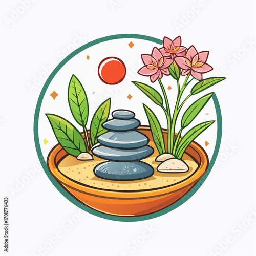 Zen Garden with Pink Flowers and Balanced Stones in a Circular Frame