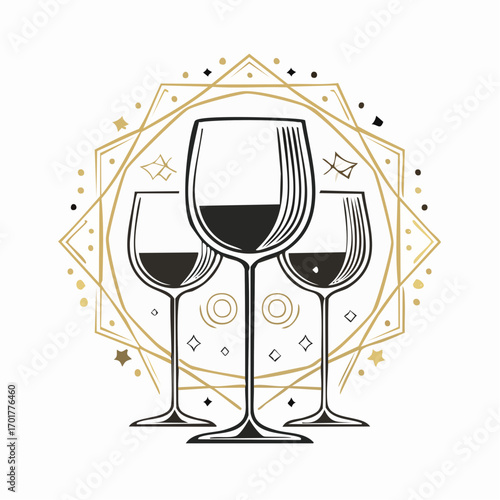 Three Wine Glasses With Gold Geometric Pattern on White Background