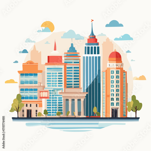 Modern Cityscape with Colorful Buildings and a Tranquil Waterfront at Sunset