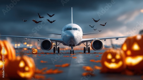 Festive Halloween Airplane Scene: Commercial Jet on Runway with Pumpkins and Bats, Spooky Travel