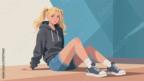illustration of a young woman wearing a hoodie sitting on the floor vector design template