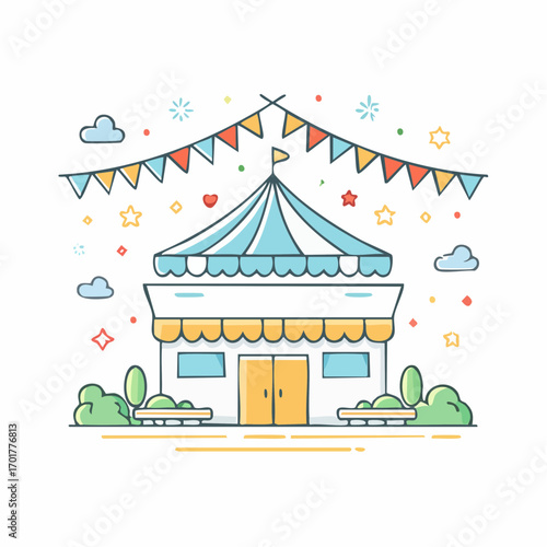 Festive Venue Decorated with Colorful Banners and Canopy with Fireworks
