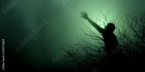 Silhouette of a person reaching out amidst dark branches in a misty, ethereal atmosphere