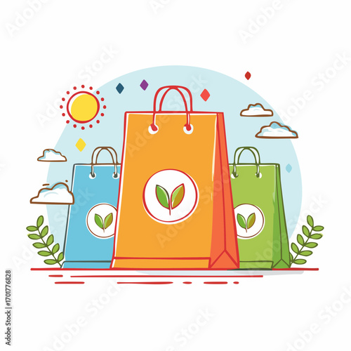 Pixel Art Shopping Bags With Eco Leaf Logo Under Sunny Sky
