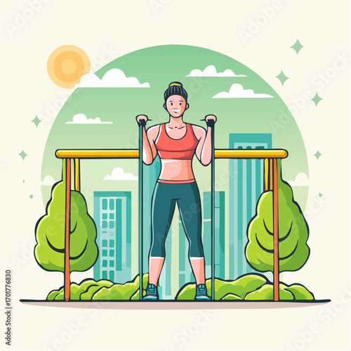 Woman Doing Dips On Parallel Bars In A City Park