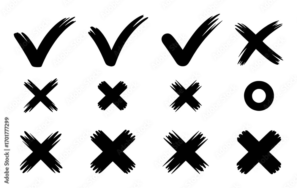 Obraz premium Black Checkmarks and X's with a Single Circle on White Background