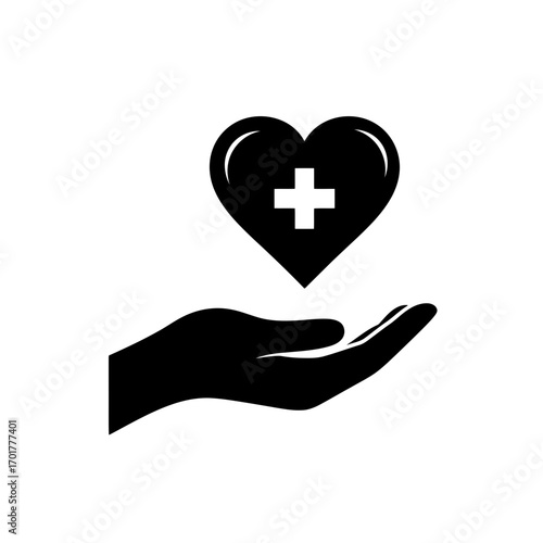 Vector art of hand holding a heart with a cross inside, representing healthcare and medical assistance