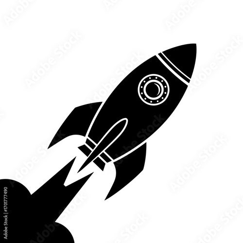 Vector art of black silhouette of a rocket ship launching with smoke trail