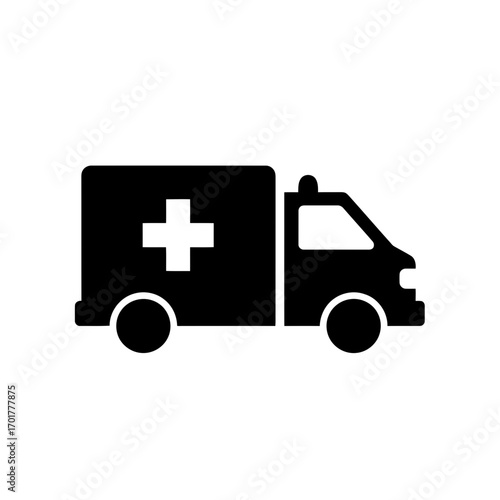 Vector art of a black silhouette icon of an ambulance with a red cross