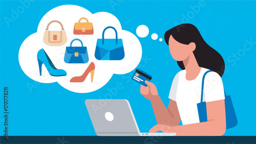 illustration of a woman wanting to buy something, in front of a laptop and holding a card vector design template