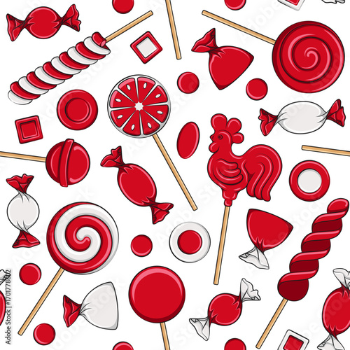 Seamless pattern with lollipop cockerel on stick and red sweets candy. Colored vector background.
