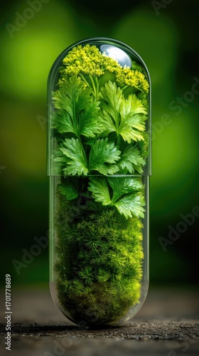Green capsule filled with fresh herbs