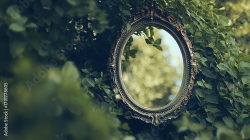 Ornate oval mirror hanging among green leaves reflecting a blurred outdoor scene in daylight