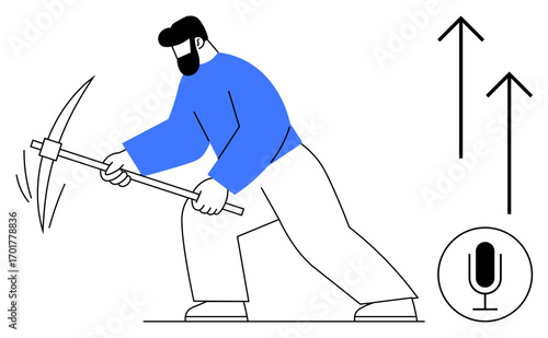 Man breaking ground with pickaxe aimed at innovation and success, growth arrows, and voice icon. Ideal for technology, productivity, data mining, progress, innovation, teamwork simple landing page