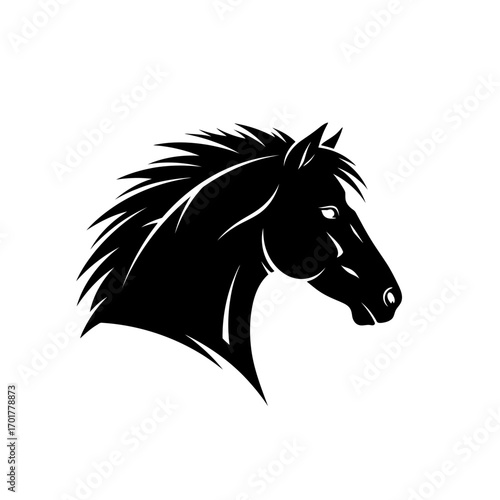 Vector art of a striking black silhouette of a horses head in profile, with a flowing mane and intense gaze, set against a