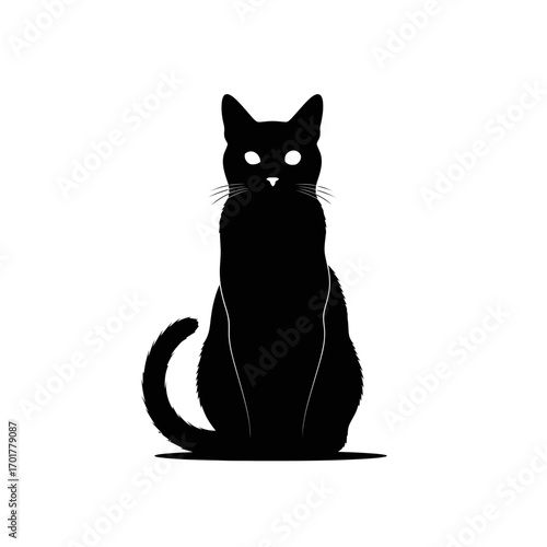 Vector art of black cat silhouette sitting and looking forward with glowing eyes
