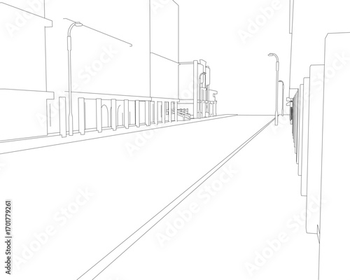Black and white contour drawing of a city street with buildings and street poles on a white background.
